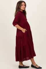 Wine Collared Button Up Tiered Maternity Midi Dress