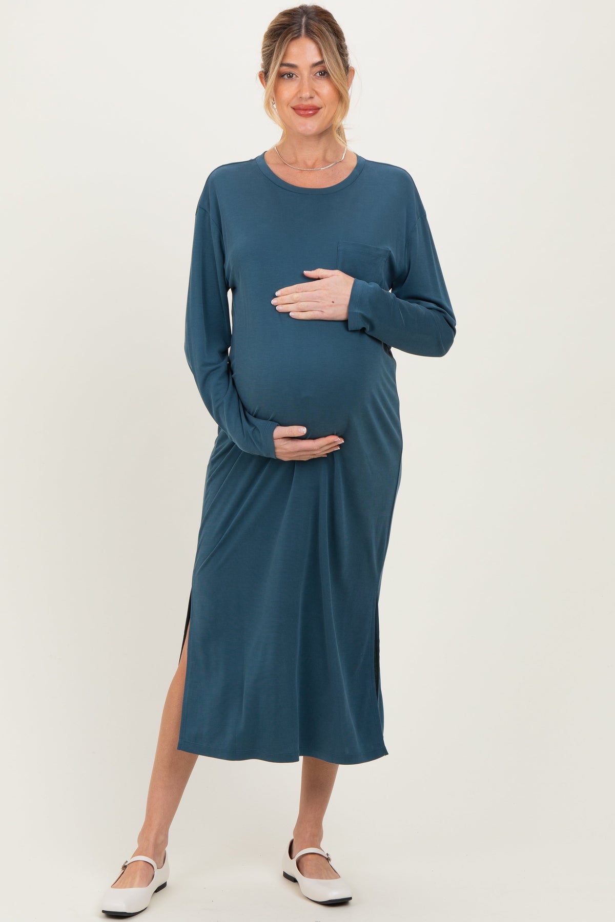 Teal Oversized Long Sleeve Maternity Midi Dress