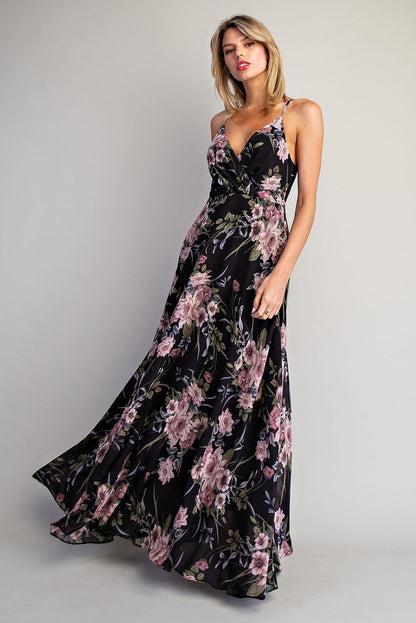 Black Floral V-Neck Sleeveless Maternity Maxi Dress