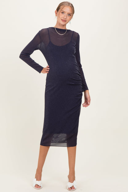 Navy Shimmer Mesh Long Sleeve Ruched Maternity Midi Dress