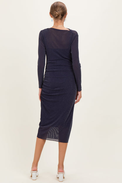 Navy Shimmer Mesh Long Sleeve Ruched Maternity Midi Dress