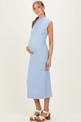 Sky Blue Ribbed Knit Mock Neck Maternity Maxi Dress