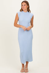 Sky Blue Ribbed Knit Mock Neck Maternity Maxi Dress