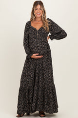 Black Floral Button Accent Long Sleeve Maternity Maxi Dress
