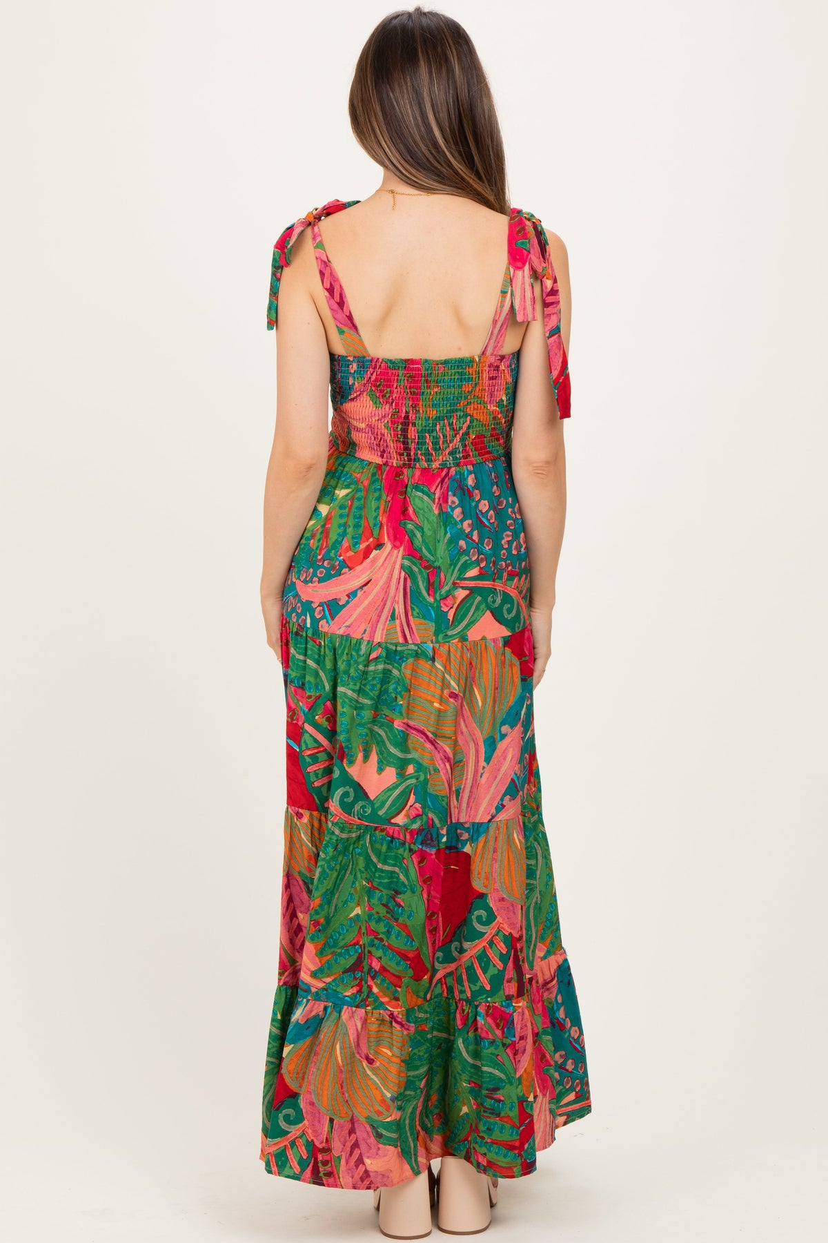 Green Printed Shoulder Tie Tiered Maternity Maxi Dress