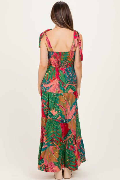 Green Printed Shoulder Tie Tiered Maternity Maxi Dress
