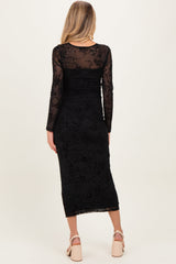 Black Floral Flocked Mesh Long Sleeve Maternity Midi Dress