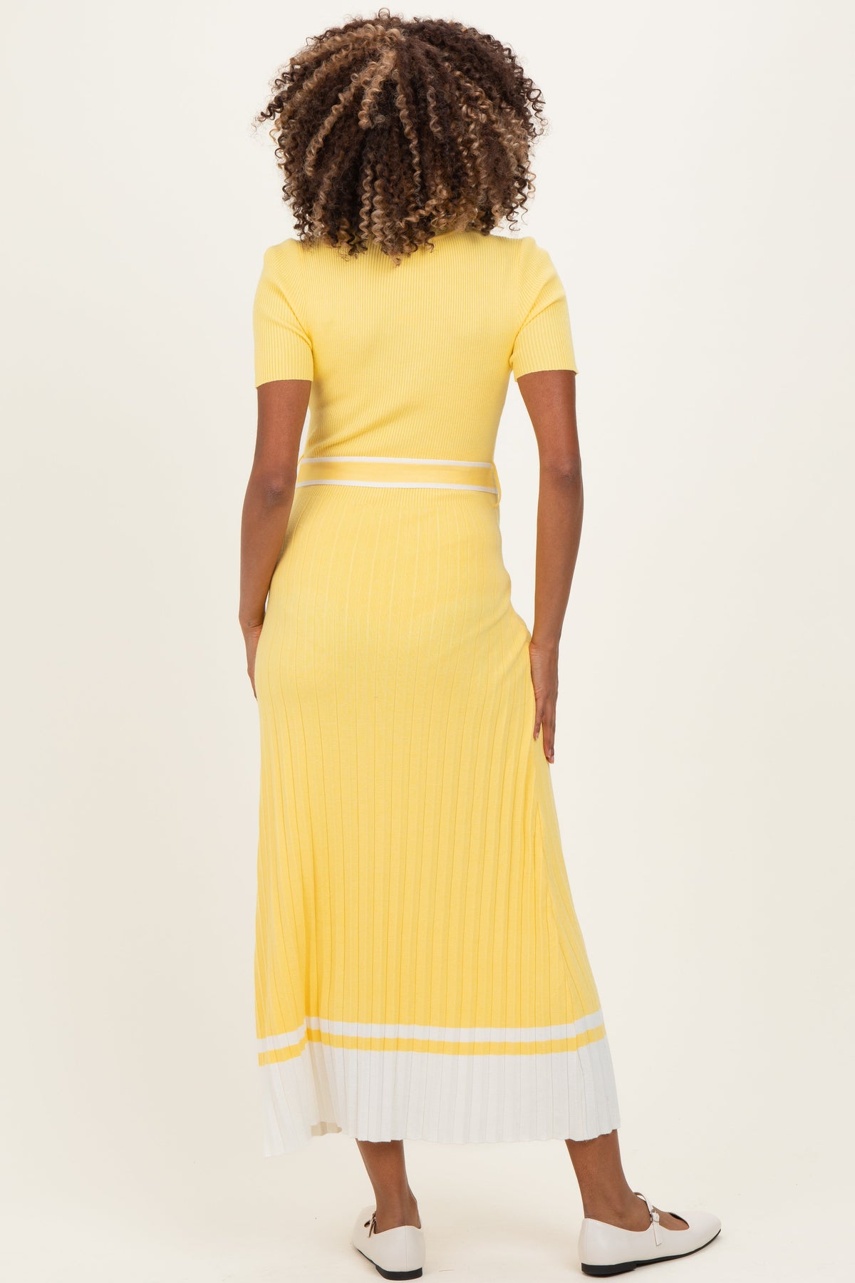 Yellow Knit Pleated Sash Tie Maternity Midi Dress