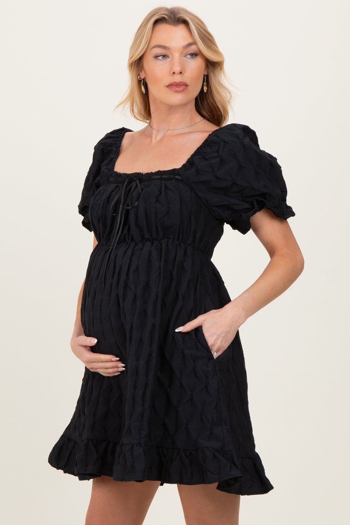 Black Textured Puff Sleeve Maternity Dress