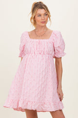 Pink Textured Puff Sleeve Maternity Dress