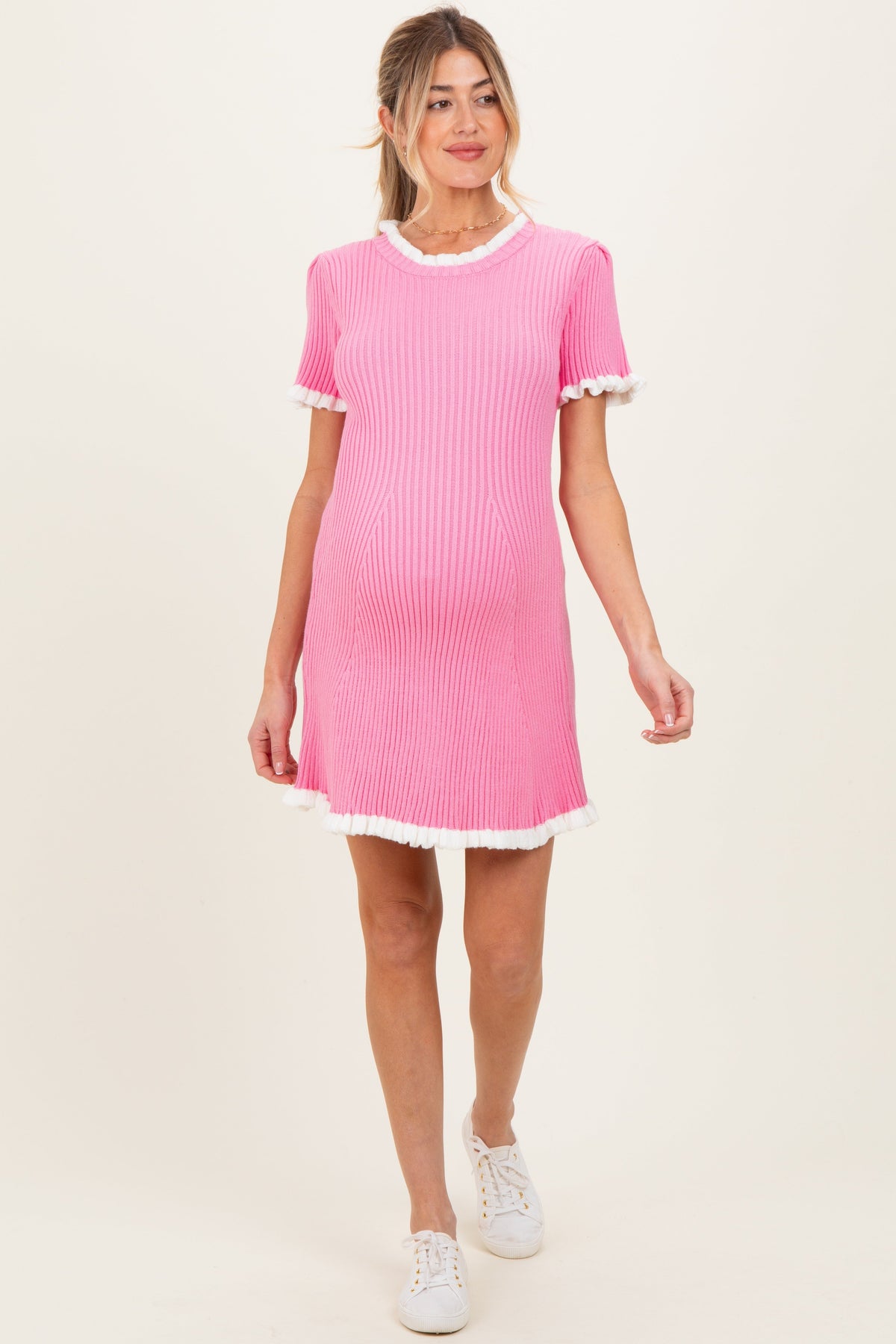 Pink Ribbed Knit Ruffle Trim Maternity Mini Dress