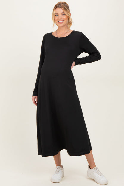 Black Relaxed Fit Long Sleeve Basic Maternity Dress