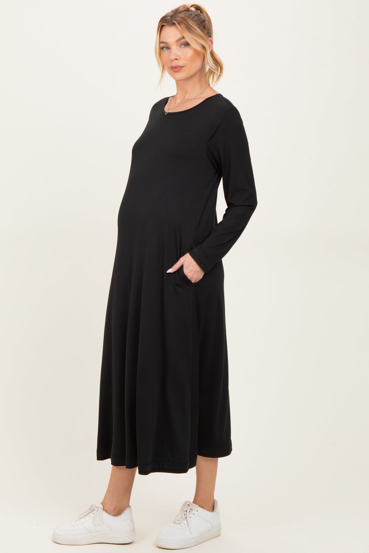 Black Relaxed Fit Long Sleeve Basic Maternity Dress