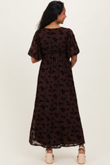 Brown Floral Mesh 3/4 Sleeve V-Neck Maternity Maxi Dress