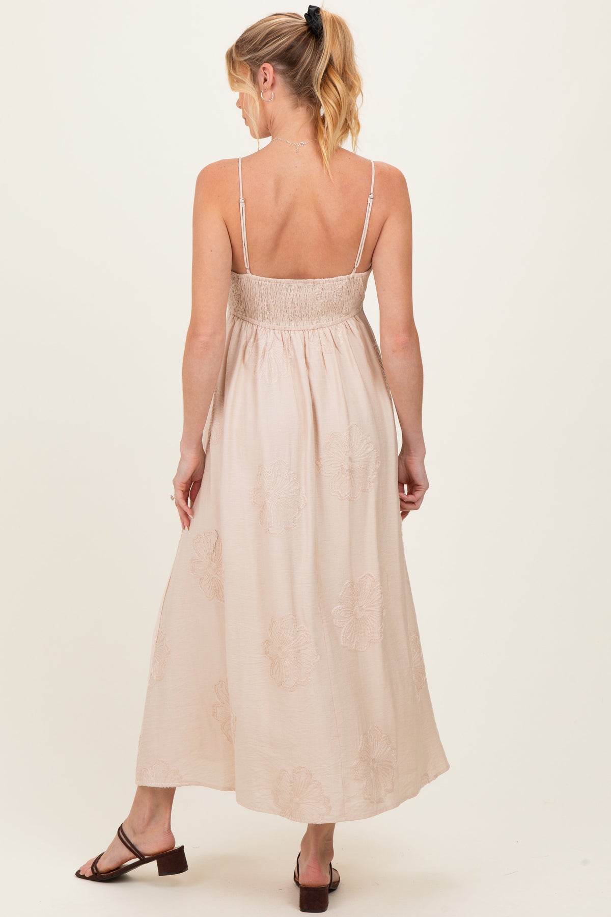 Beige Flower Embroidered Maternity Midi Dress
