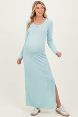 Mint Ribbed Long Sleeve Side Slit Maternity Maxi Dress