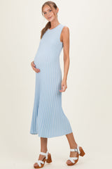 Sky Blue Ribbed Knit Sleeveless Maternity Maxi Dress