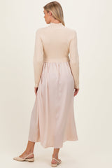 Light Beige Knit Contrast Top Satin Maternity Midi Dress