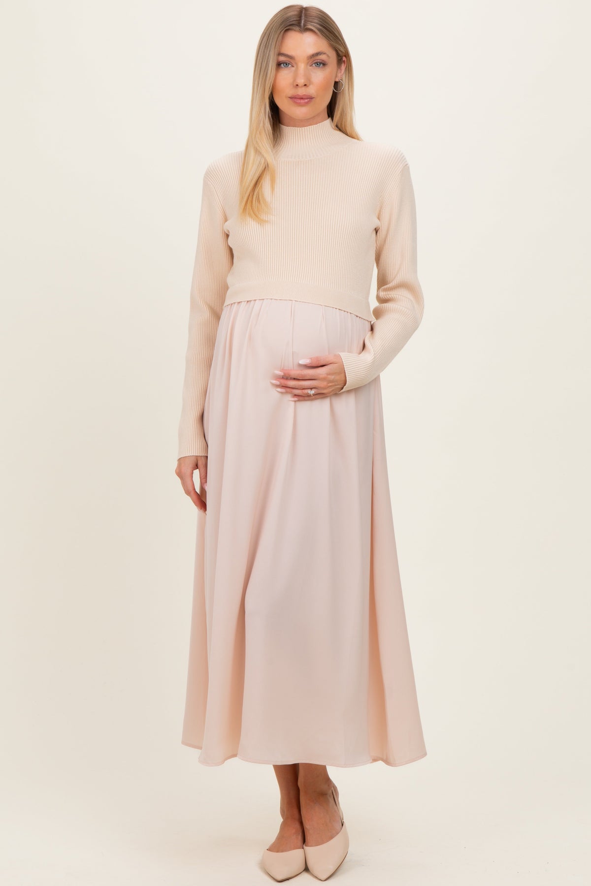 Light Beige Knit Contrast Top Satin Maternity Midi Dress