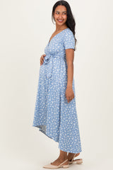 Blue Floral Print Short Sleeve Hi-Low Maternity Wrap Dress