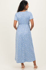 Blue Floral Print Short Sleeve Hi-Low Maternity Wrap Dress