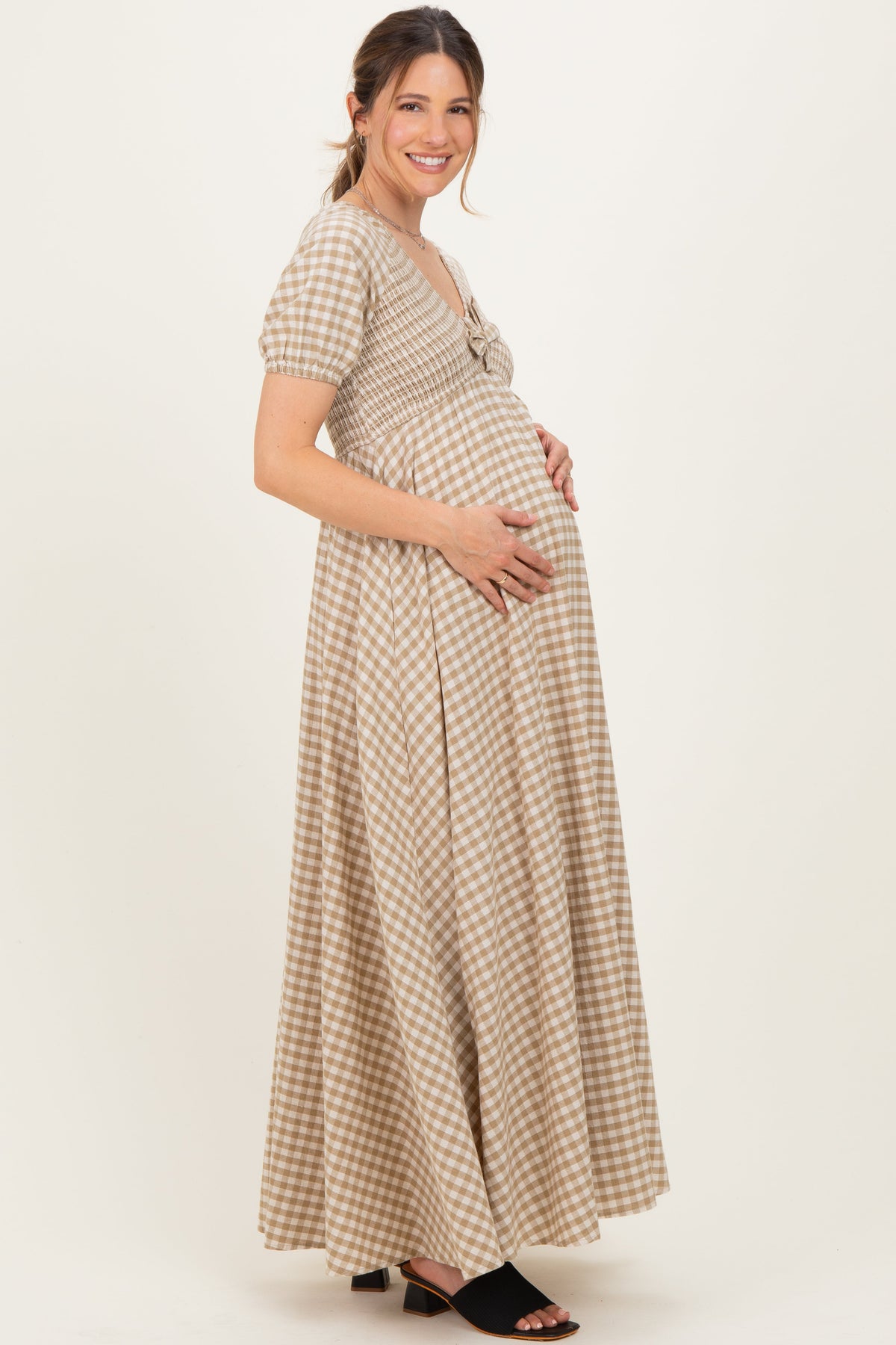 Beige Smocked Gingham Maternity Maxi Dress