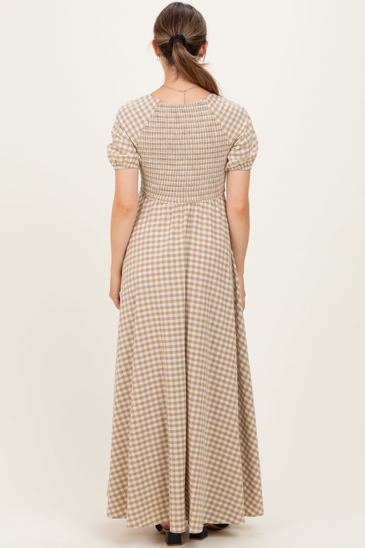 Beige Smocked Gingham Maternity Maxi Dress