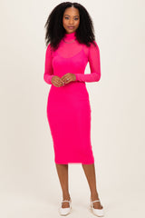 Fuchsia Mesh Overlay Fitted Maternity Midi Dress