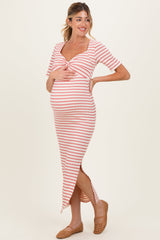 Cream/ Mauve Striped Knit Short Sleeve Maternity Maxi Dress