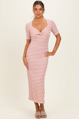 Cream/ Mauve Striped Knit Short Sleeve Maternity Maxi Dress