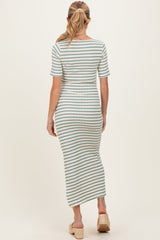 Cream/ Sage Striped Knit Short Sleeve Maternity Maxi Dress