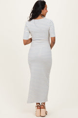 Cream/ Blue Striped Knit Short Sleeve Maternity Maxi Dress