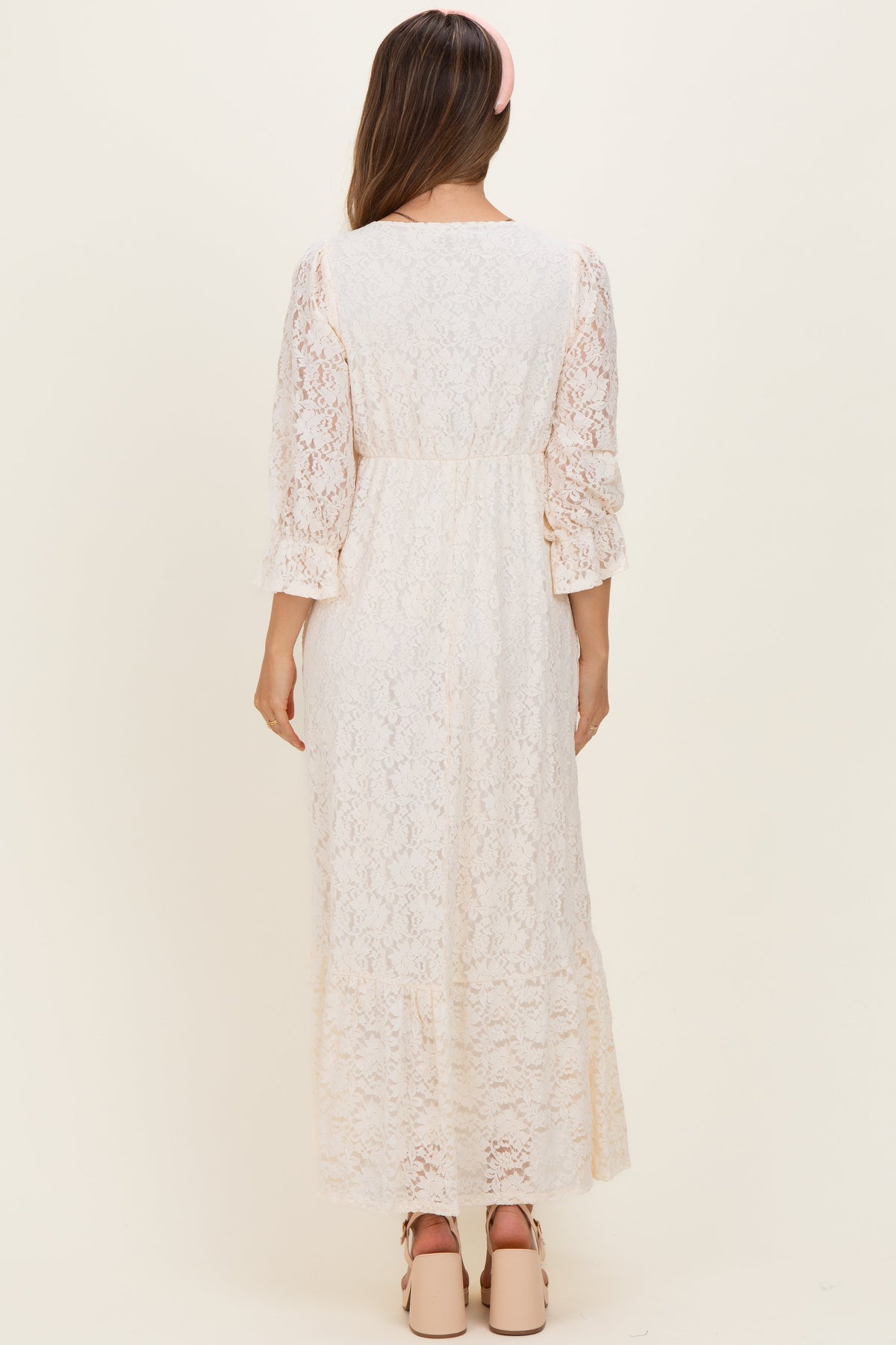 Ivory Floral Lace 3/4 Ruffle Sleeve V-Neck Maternity Maxi Dress