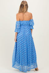 Blue Floral Lace Off Shoulder Ruffe Sleeve Maternity Maxi Dress