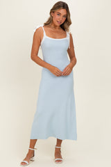 Light Blue Knit Contrast Shoulder Tie Maternity Dress