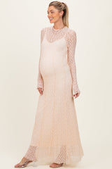 Beige Lace Mock Neck Long Sleeve Maternity Maxi Dress