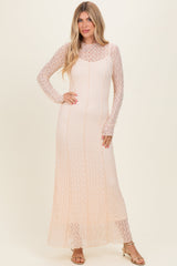 Beige Lace Mock Neck Long Sleeve Maternity Maxi Dress