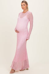 Pink Lace Mock Neck Long Sleeve Maternity Maxi Dress