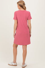 Pink Ribbed Knit Basic Short Sleeve Maternity T-Shirt Dress