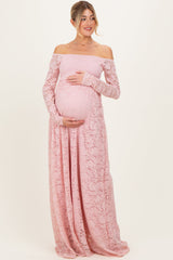 Light Pink Floral Lace Long Sleeve Off Shoulder Maternity Maxi Dress