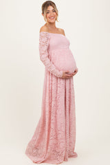 Light Pink Floral Lace Long Sleeve Off Shoulder Maternity Maxi Dress