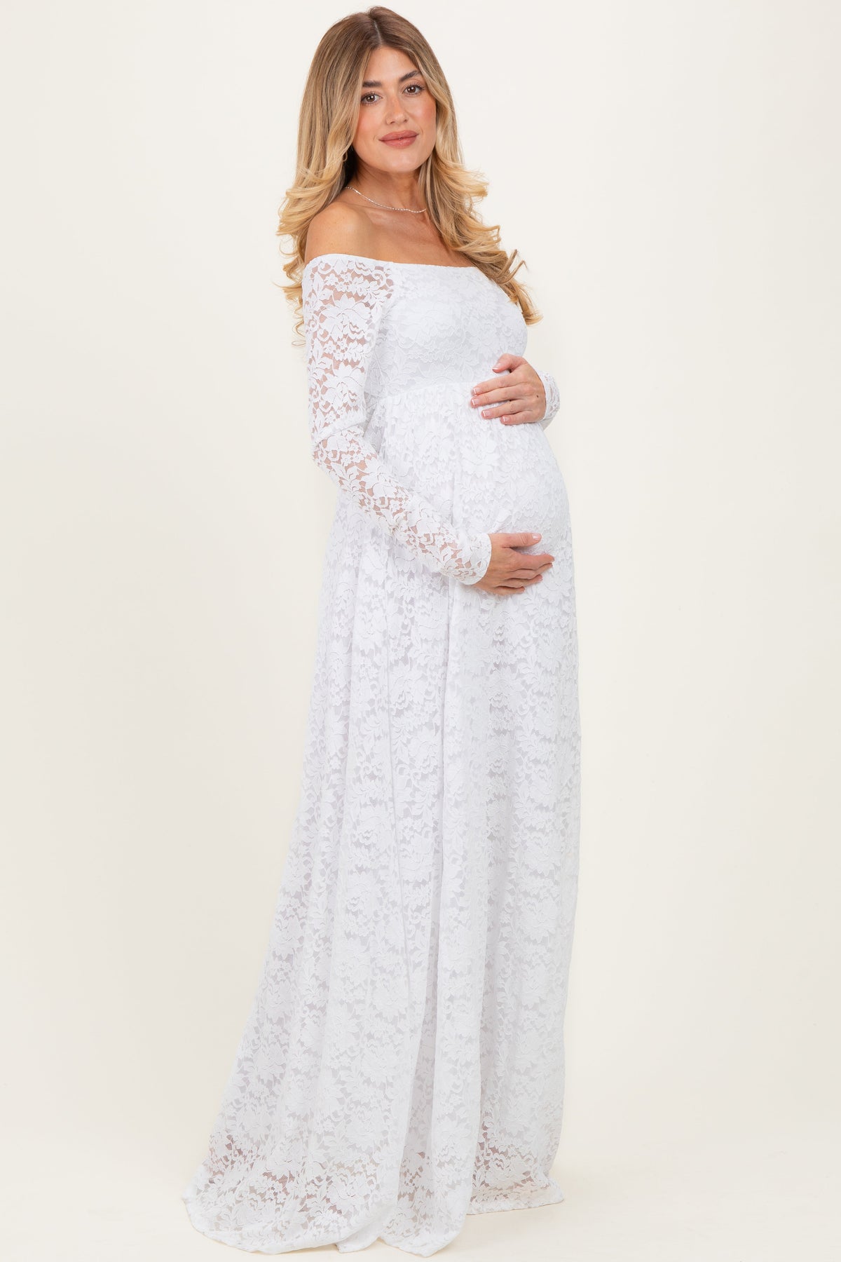 White Floral Lace Long Sleeve Off Shoulder Maternity Maxi Dress
