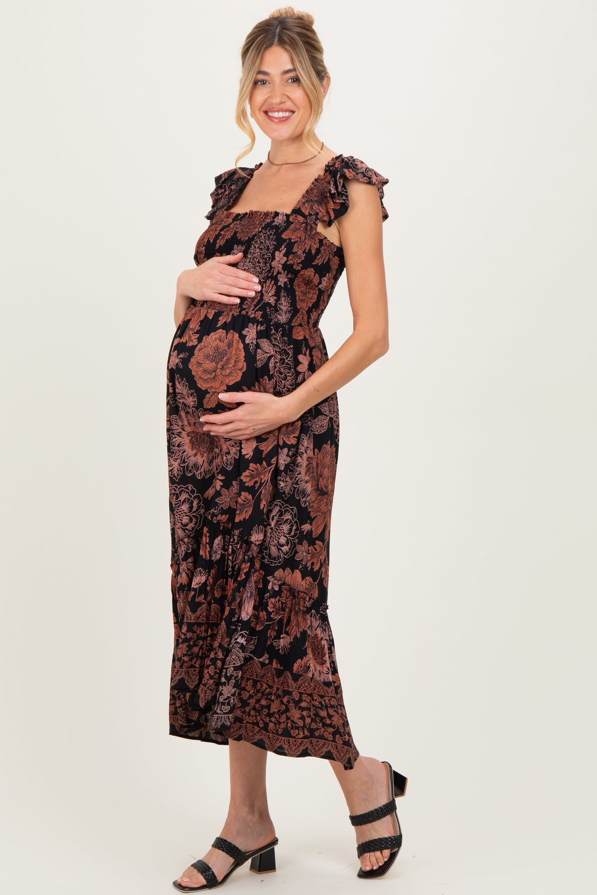 Black Floral Smocked Flutter Sleeve Maternity Midi Dress