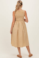 Yellow Gingham Smocked Sleeveless Maternity Midi Dress