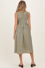 Olive Gingham Smocked Sleeveless Maternity Midi Dress
