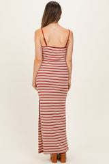 Red Striped Ribbed Sleeveless Side Slit Maternity Maxi Dress