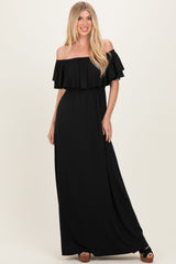 Black Ruffle Off Shoulder Maternity Maxi Dress
