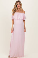 Light Pink Ruffle Off Shoulder Maternity Maxi Dress