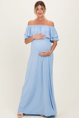 Light Blue Ruffle Off Shoulder Maternity Maxi Dress