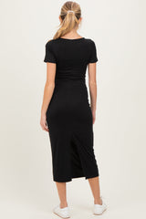 Black Ribbed Fitted Maternity Midi Dress